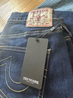 True Religion Women’s Dark Blue Boot Cut Jeans with Yellow Stitching 28